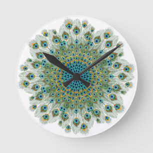 Färgrik Mandala för Male påfågel Rund Klocka