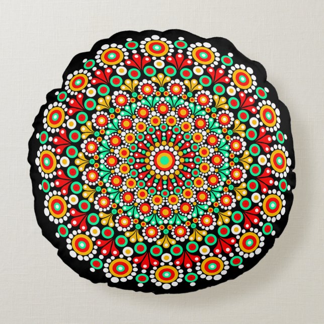 Färgrik Mandala Mönster Kastkuddar Boho Prick  Rund Kudde (Framsidan)