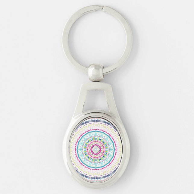 färgrik mandala ovalt silverfärgad nyckelring (Framsidan)