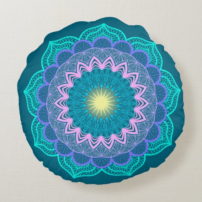 Färgrik mandala på blå bakgrund rund kudde (Baksidan)
