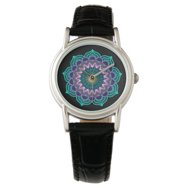 Färgrik mandala på svart bakgrund armbandsur (Framsida)