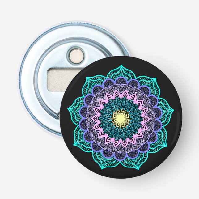 Färgrik mandala på svart bakgrund flasköppnare (Framsidan)