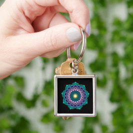 Färgrik Mandala på Svart Bakgrund Fyrkantig Silverfärgad Nyckelring