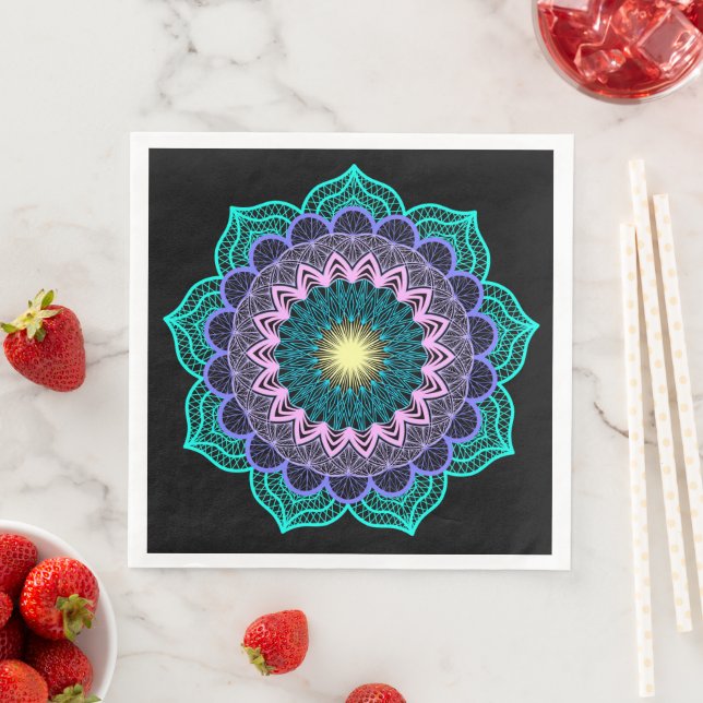 Färgrik mandala på svart bakgrund pappersservett (Insitu)