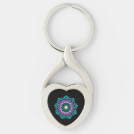 Färgrik mandala på svart bakgrund twisted heart silverfärgad nyckelring