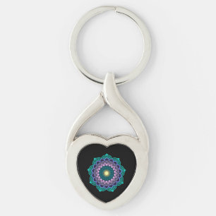 Färgrik mandala på svart bakgrund twisted heart silverfärgad nyckelring