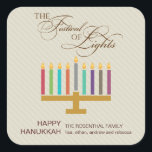 Färgrik menora Hanukkah Fyrkantigt Klistermärke<br><div class="desc">Här är ett roligt grafiskt söker efter en Hanukkah klistermärke. En färgrik menora markerar den randiga taupen färgad panel med en utsmyckad "festival av ljus" i en typografisk behandling över. Sakkunniga skräddarsy meddelande går under. Underbart som kuvertsälar eller för att klibba på helgdagpaket eller gåvor. Tillgängligt i omväxlande färger med...</div>