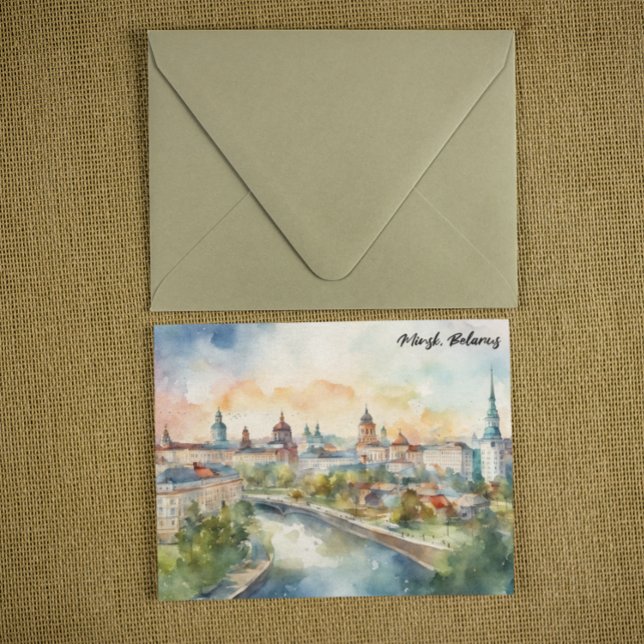 Färgrik Minsk Vitryssland Akvarellmålning Stad  Vykort (Colorful Minsk Belarus Watercolor Painting City Postcard)
