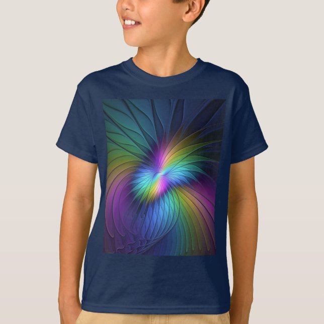 Färgrik modern abstrakt fraktal konst i blått t shirt (Framsida)