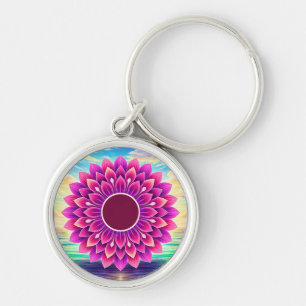 FÄRGRIK MODERN BLOMSTERGÅVA DOTTER SYSTER MAMMA RUND SILVERFÄRGAD NYCKELRING