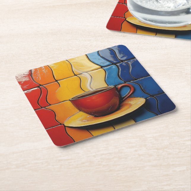 Färgrik modern röd kaffekopp  underlägg papper kvadrat (Vinklad)
