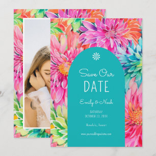 Färgrik Modern Tropisk Blommig Bröllopsfoto Spara Datumet