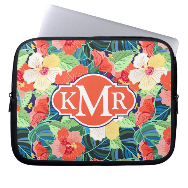 Färgrik Monogram för hibiskusmönster | Laptop Sleeve (Framsidan)