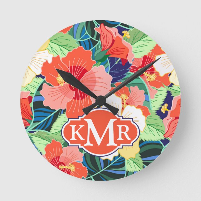 Färgrik Monogram för hibiskusmönster | Rund Klocka (Framsida)