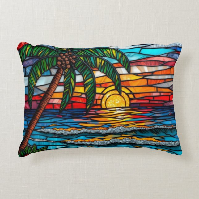 Färgrik mosaik Tropisk strand solnedgång palm Prydnadskudde (Framsidan)