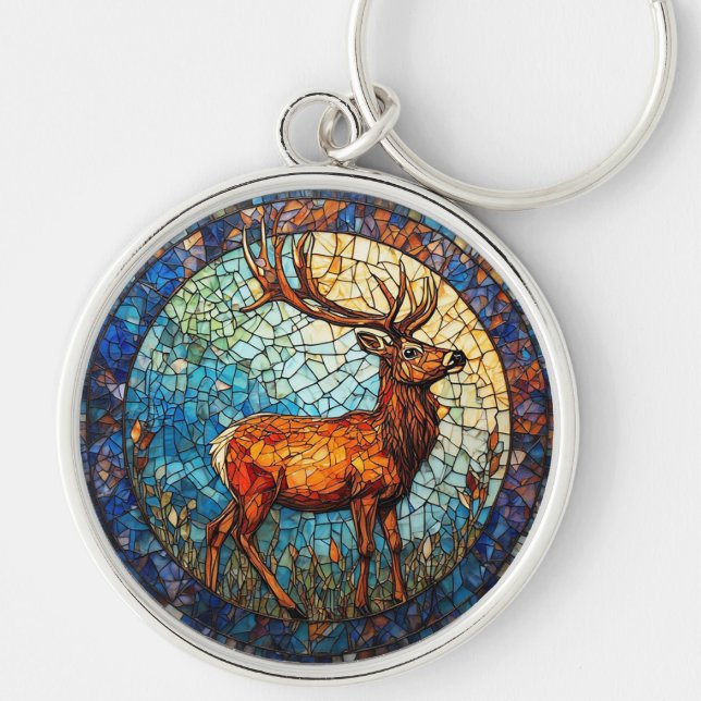 Färgrik mosaikillustration av hjort rund silverfärgad nyckelring (Framsidan)