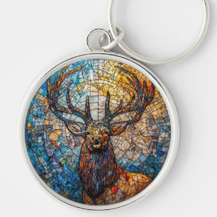 Färgrik mosaikillustration av hjort rund silverfärgad nyckelring