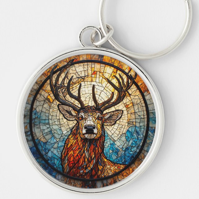 Färgrik mosaikillustration av hjort rund silverfärgad nyckelring (Framsidan)