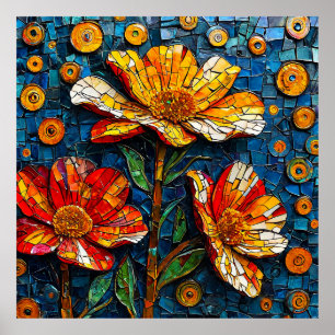Färgrik mosaikkonst med livfulla blommor poster