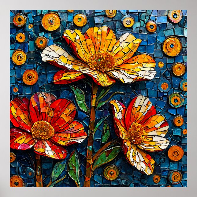 Färgrik mosaikkonst med livfulla blommor poster (Framsidan)