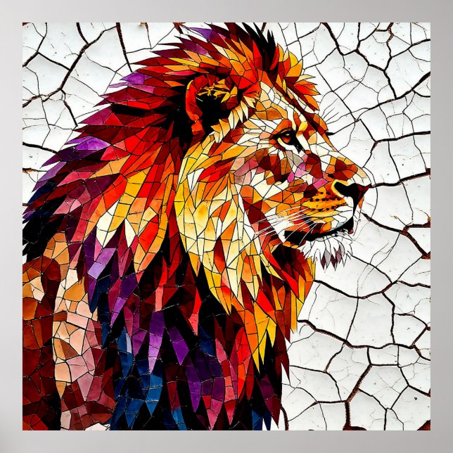 Färgrik mosaiklejonsskulptur poster (Framsidan)