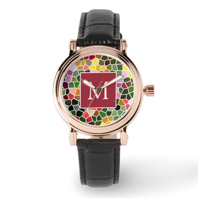 Färgrik mosaikmönster monogram armbandsur (Framsida)