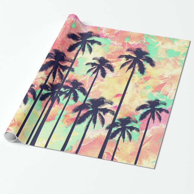Färgrik neonvattenfärg med svart palmträd presentpapper (Utrullad)