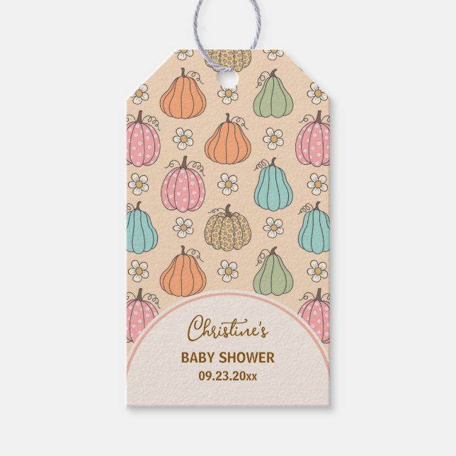 Färgrik neutral beige pumpamuster baby shower presentetikett (Framsidan)