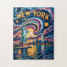 Färgrik New York Skyline Retro Liberty Stadsscen Pussel