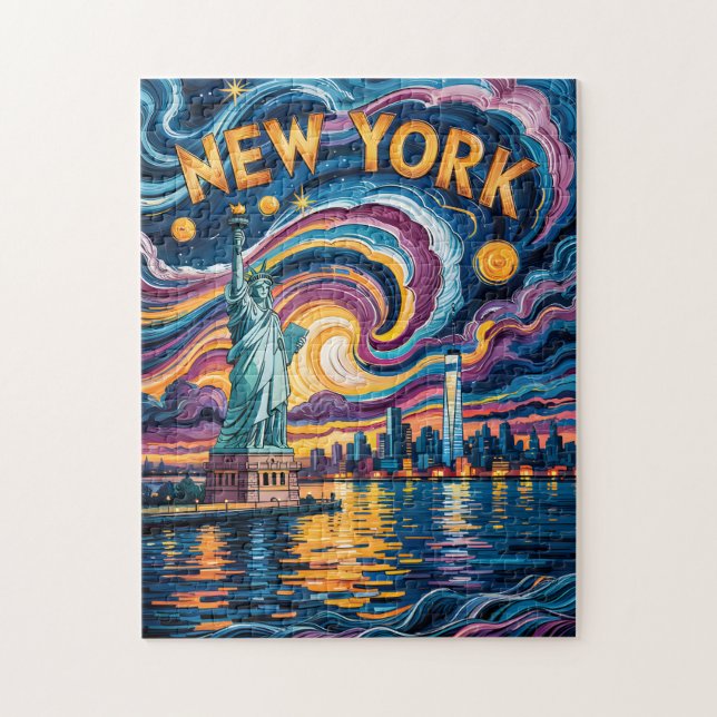 Färgrik New York Skyline Retro Liberty Stadsscen Pussel (Vertikal)
