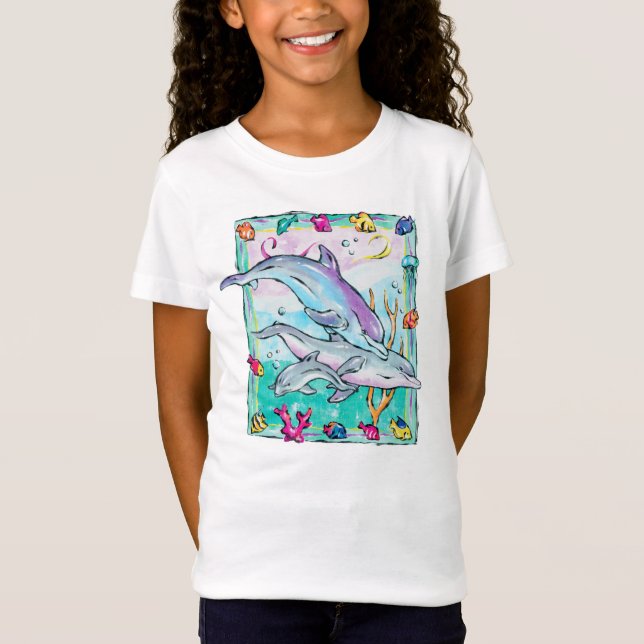 Färgrik nyckfull delfint-skjorta t shirt (Framsida)