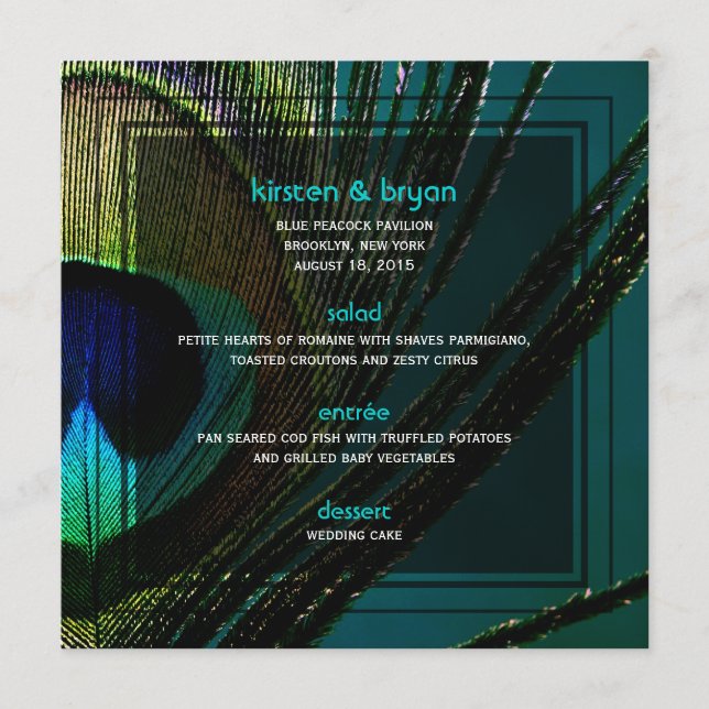 Färgrik Påfågel Fjäder Foto Boho Chic Bröllop Meny (Framsida)