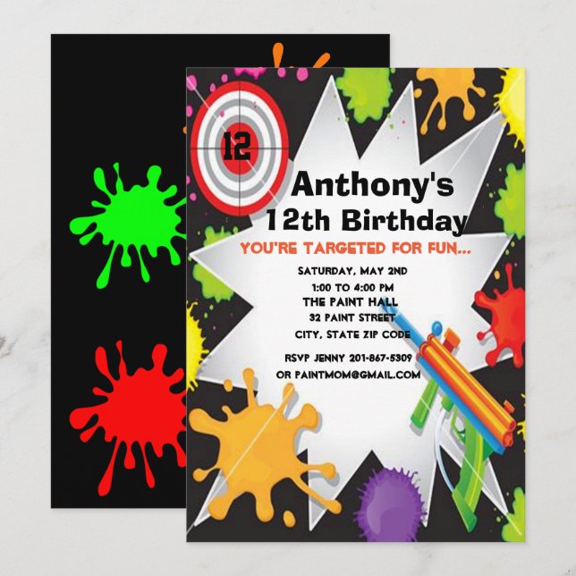Färgrik Paintballfödelsedagsfest inbjudan (Fram/baksida)