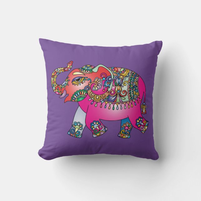 Färgrik Paisley Elefant Ritning Kudde (Framsida)