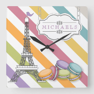Färgrik Paris Macaron Eiffel tornMonogram Fyrkantig Klocka