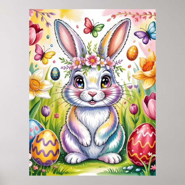 Färgrik Påskharen Illustration med Krona  Poster (Framsidan)