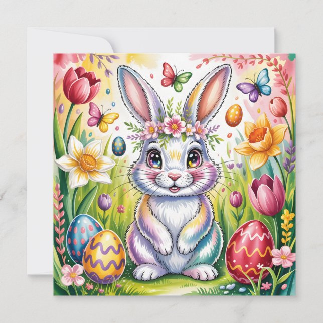 Färgrik Påskharlekinillustration med krona  Julkort (Framsida)
