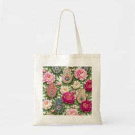 Färgrik Peony Hamsa Hand Ond Öga Blommönster Tygkasse