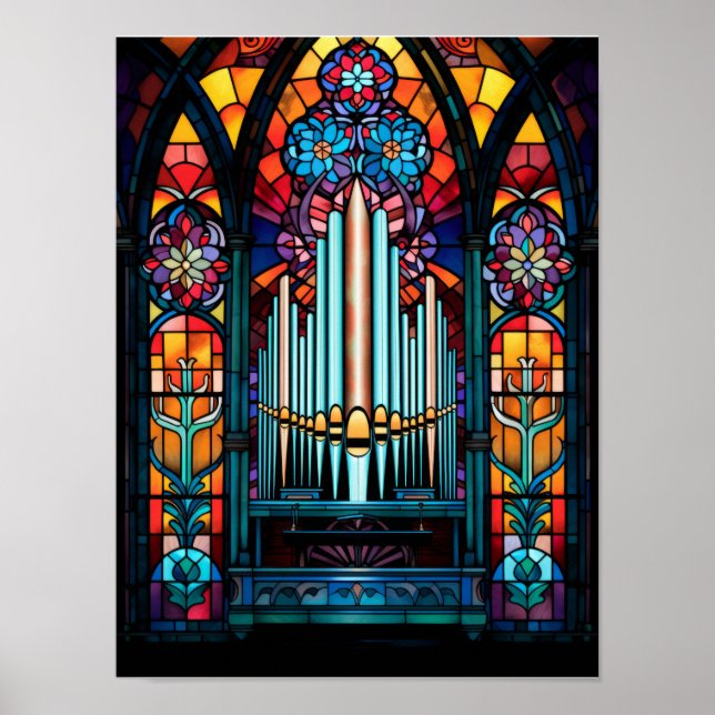 Färgrik Piporgel Katedral Målade Glas Konst Poster (Framsidan)