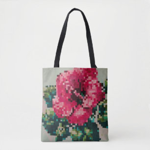 Färgrik pixelartad hibiskusblomma  tygkasse