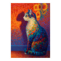 Färgrik Pointillism Katt med Solrosor Konst