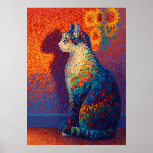 Färgrik Pointillism Katt med Solrosor Konst Poster (Framsidan)