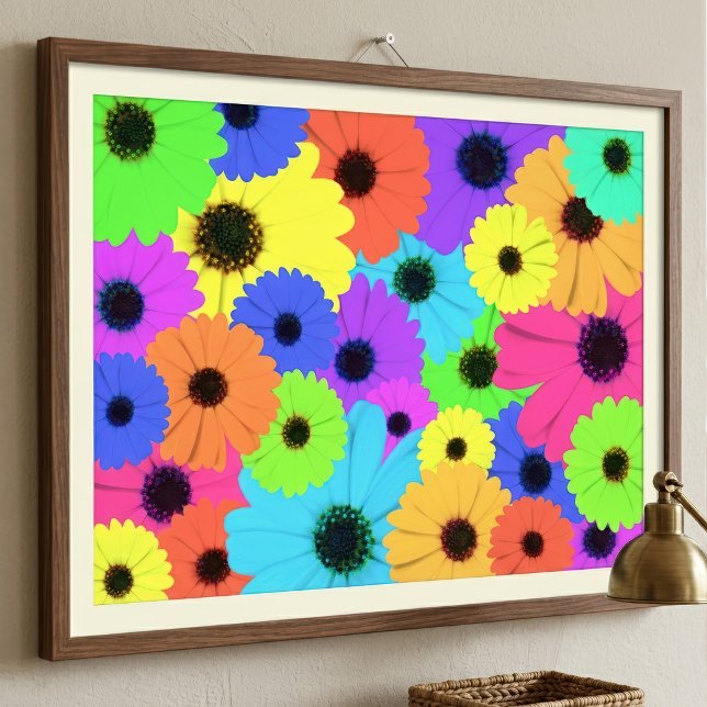 Färgrik Psykedelisk Tusensköns Blommönster Fototryck (Colorful Psychedelic Daisy Floral Pattern. Photo Print)