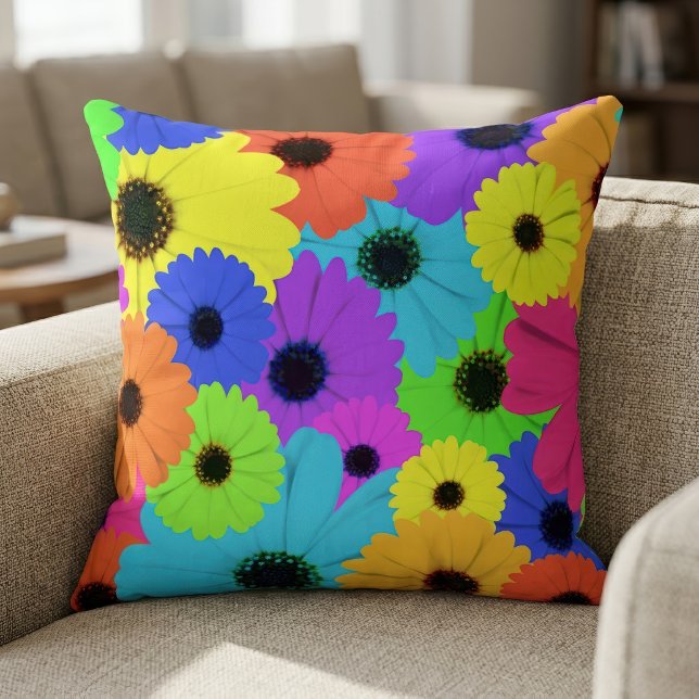 Färgrik Psykedelisk Tusensköns Blommönster Kudde (Colorful Psychedelic Daisy Floral Pattern. Throw Pillow)