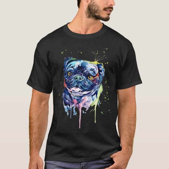 Färgrik Pug Hund Konst T Shirt (Framsida)