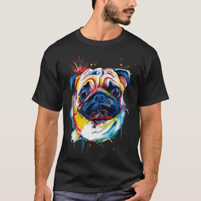 Färgrik Pug Hund Konst T Shirt (Framsida)