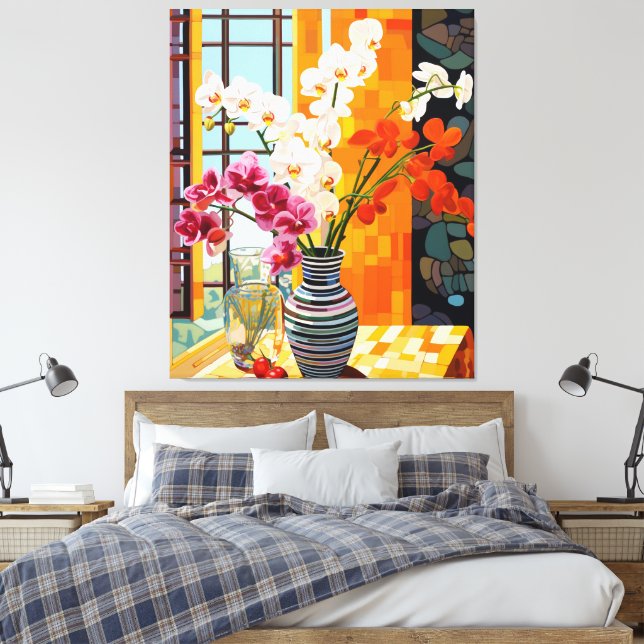 Färgrik randig vas blomster fönster träreliäf canvastryck (Insitu (sovrum))