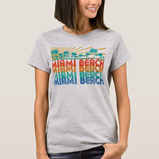 Färgrik Retro handflatanMiami Beach Florida T-shirt (Framsida)