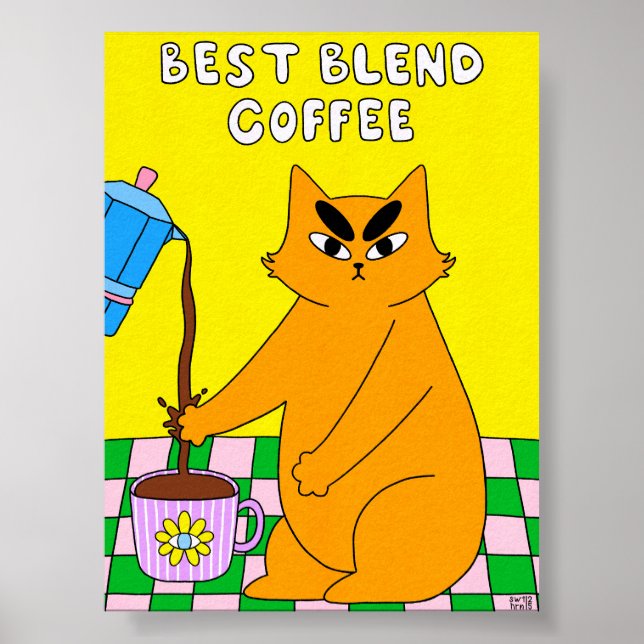 Färgrik Retro Kaffe Katt Illustration Poster (Framsidan)