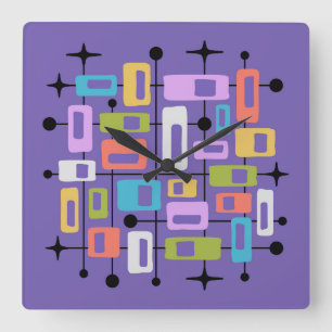 Färgrik Retro Mid Century Modern Atomisk Abstrakt Fyrkantig Klocka